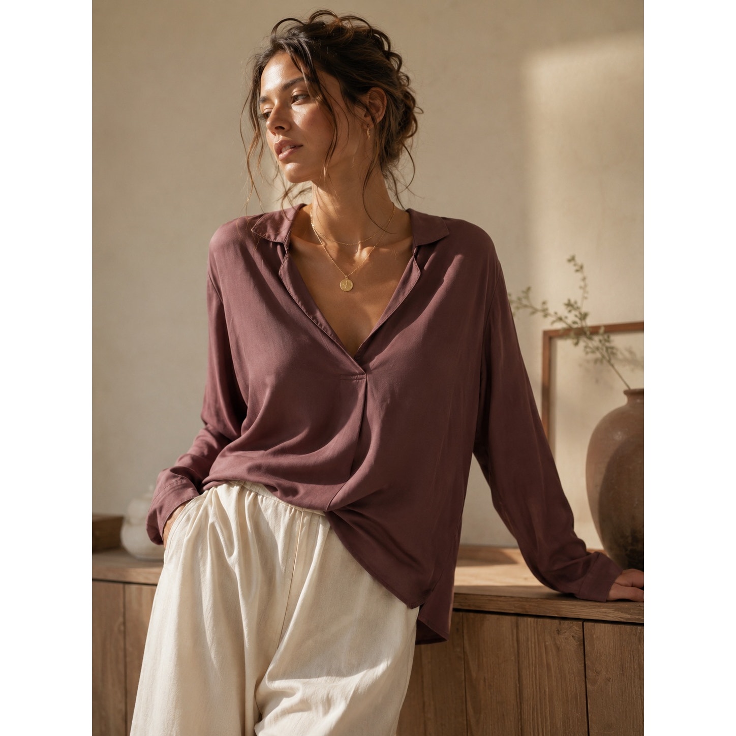 Garnet Hill | Relaxed Fit Sz 10 Silk V-Neckline Popover Lightweight Blouse Work